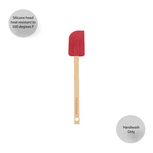Silicone heat-resistant spatula head on wooden handle, handwash only label