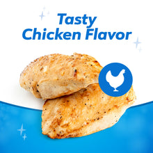 Chicken flavored dental chews, two tan-brown ridged treat pieces
