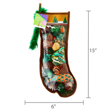 Felt cat toy stocking, brown and green, with tinsel trim; 15 in tall, 6 in wide