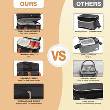 Insulated lunch cooler bag in black with brown trim, dual compartments and retractable top zipper.