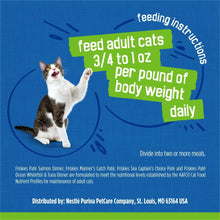 Wet cat food packaging panel with feeding instructions and cat illustration