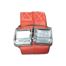 Red cam buckle lashing strap tie-down with silver cam buckle hardware