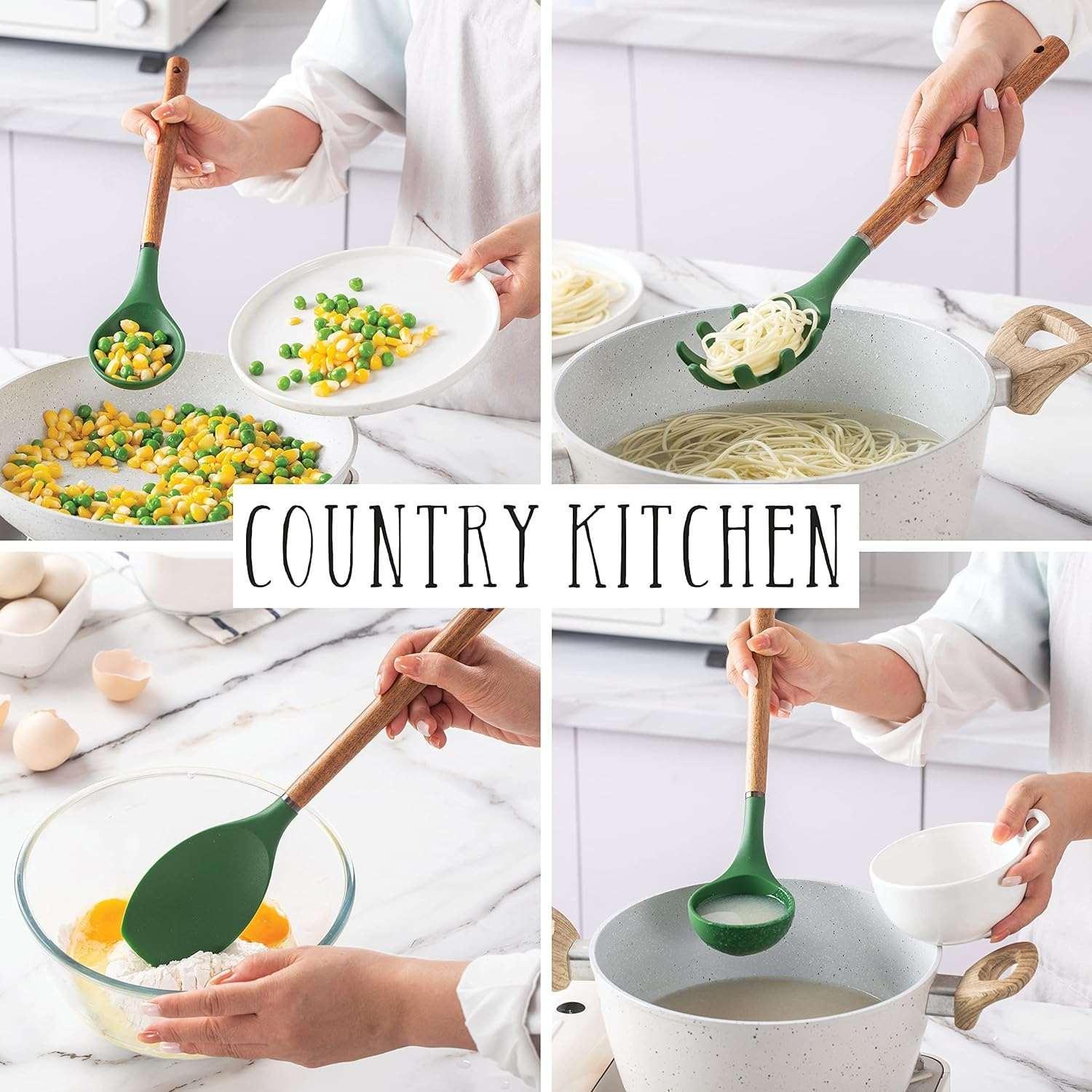 Country Kitchen 8-Pc Cooking Utensils Set Silicone Spatula & Kitchen Gadgets, Green