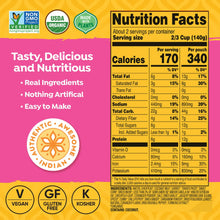 Nutrition facts panel on organic chickpea tikka masala pouch, 170 calories