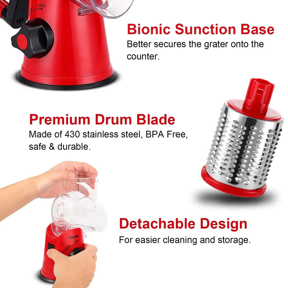 Geedel Rotary Cheese Grater, Kitchen Grater Vegetable Slicer with 3 Interchangeable Blades, Powerful Suction, Dishwasher Safe, Easy to Clean Grater for Vegetable, Fruit, Nuts - USA MEGA SHOP