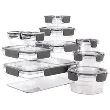 Stacked clear Tritan food containers with black latch lids, mixed square and round sizes