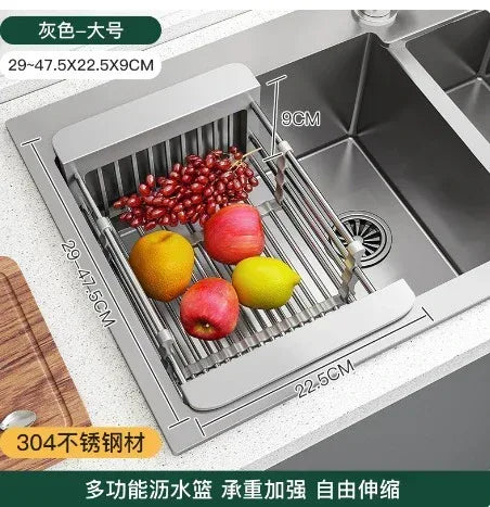 Adjustable Over-The-Sink Dish Drying Rack with Stainless Steel Drain Basket - Portable & Telescopic Space-Saving Solution for fruit vegetable