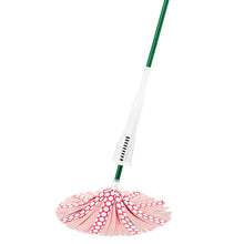 Microfiber mop head with red-and-white patterned cloth and green handle