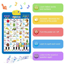 Interactive alphabet wall chart with study, volume, power, spell, and repeat icons