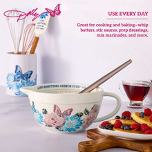 Ceramic batter bowl, white, with floral butterfly mosaic print and side handle