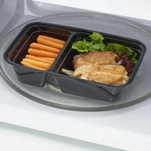 Two-compartment meal prep container with clear lid and black base, divider visible