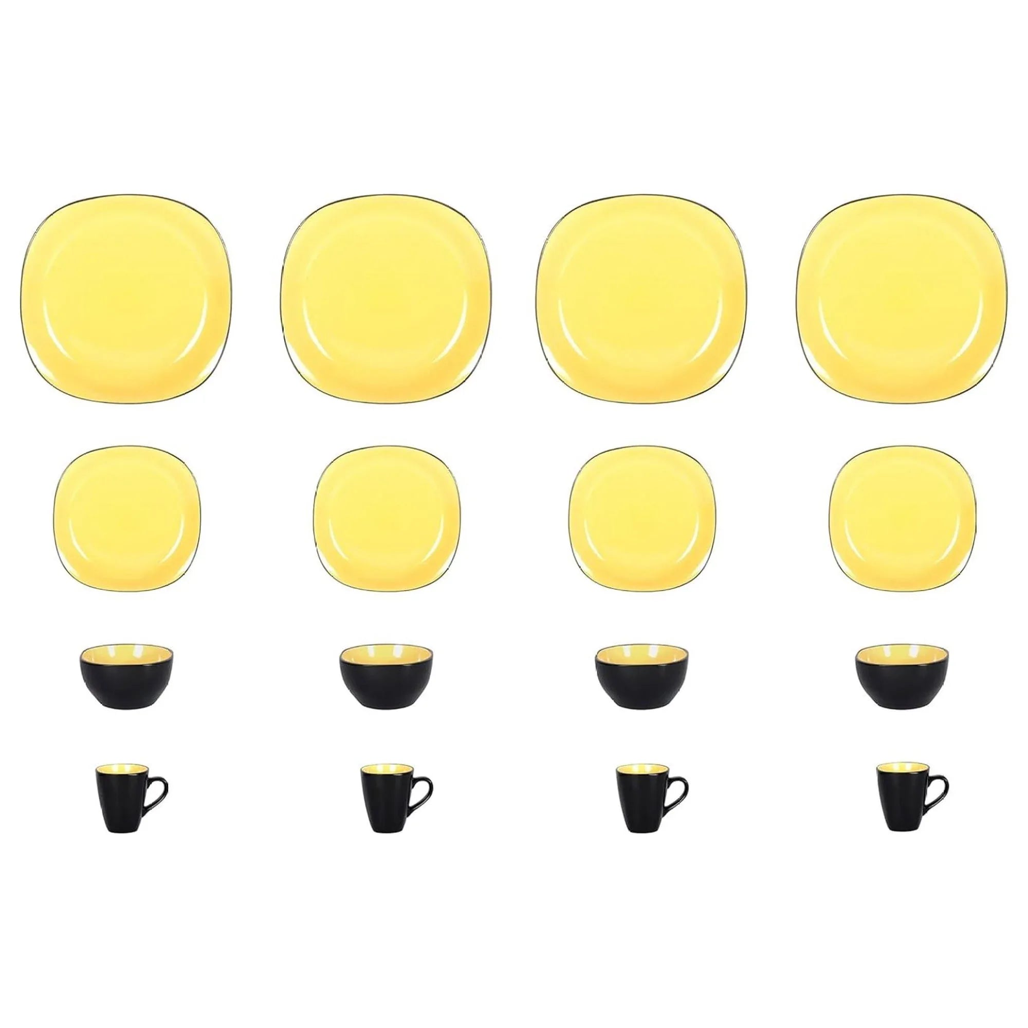 Square 16pc Dinnerware Set, Inside Shiny Yellow + Outside Matte Black
