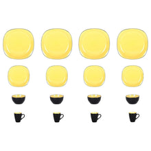 Assorted square dinnerware: glossy yellow plates and small bowls with matte black bases
