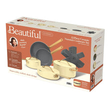 Buttercream 12-piece ceramic nonstick cookware set box with pots, pan, and strainer lids
