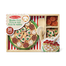 Wooden pizza play food set box with 36 toppings and striped pizza design