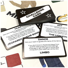 Challenge card stack with 'Challenge Card' header and game prompt text