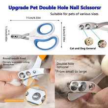 Blue-and-white double-hole pet nail scissors with curved blades