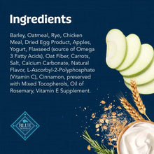 Blue Buffalo Health Bars ingredient panel with apple slices and yogurt bowl