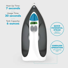 Black and white cordless steam iron with blue steam control panel, charging base