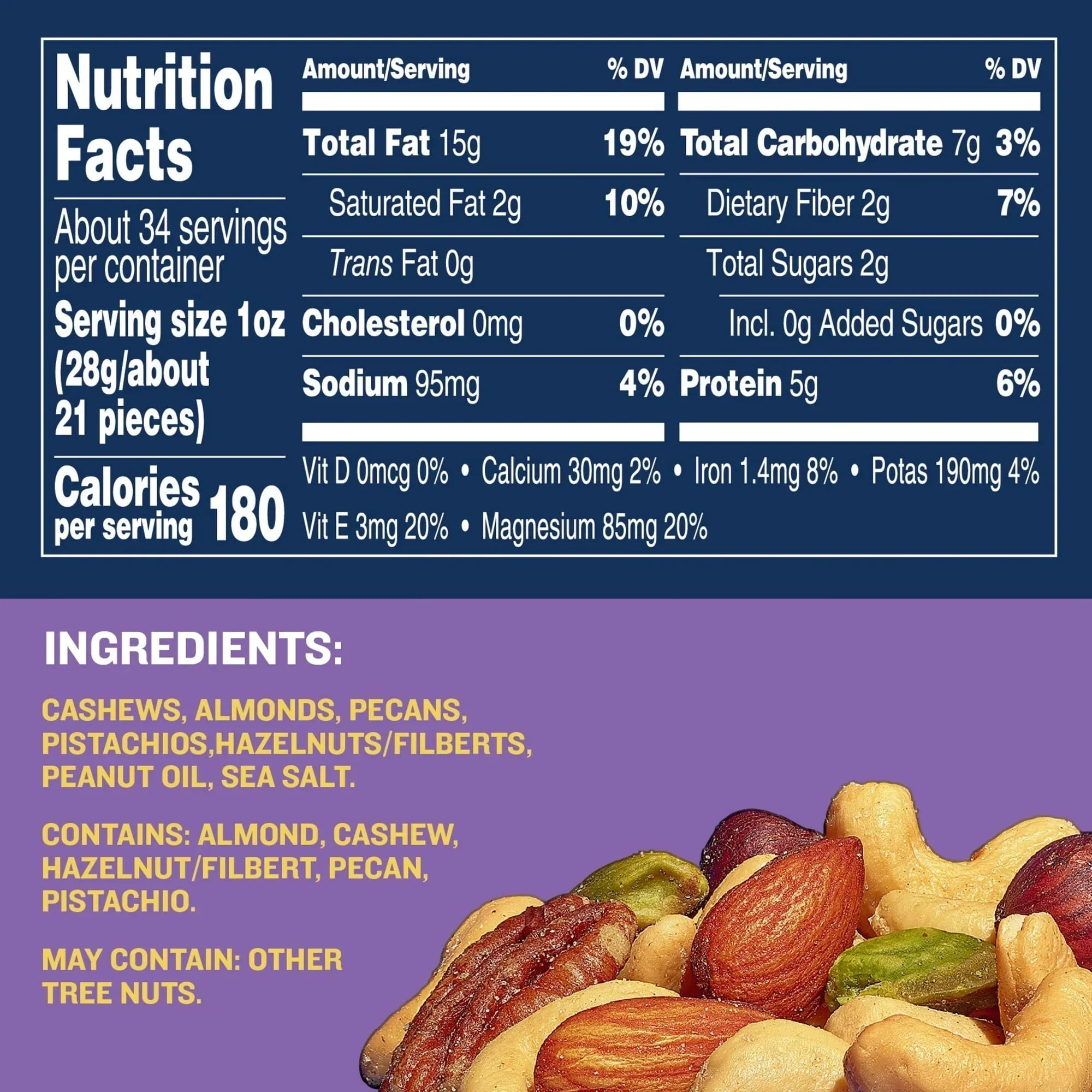 PLANTERS Deluxe Salted Mixed Nuts, Party Snacks, Plant Based Protein, 34 oz Plastic Jar