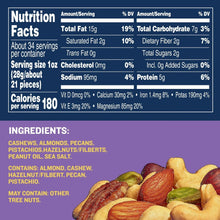 Nutrition facts panel for mixed nuts: servings, calories, sodium, ingredients