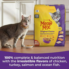 Dry cat food bags with cats and bowl on floor, Original Choice, 30 lb