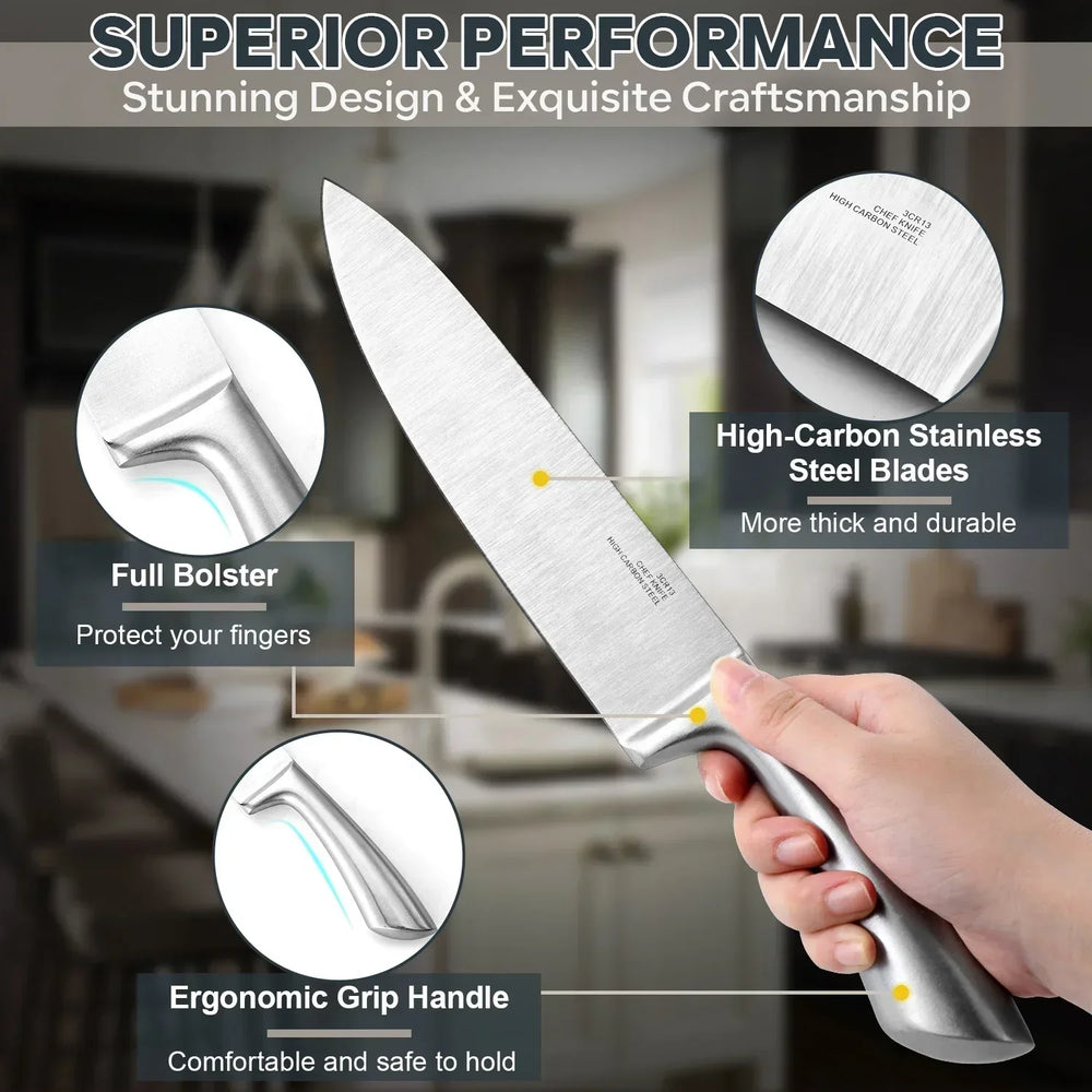 Vesteel Knife Set for Kitchen with Block, 15 Pcs High Carbon Stainless Steel Kitchen Knife Set with Self Sharpening - USA MEGA SHOP