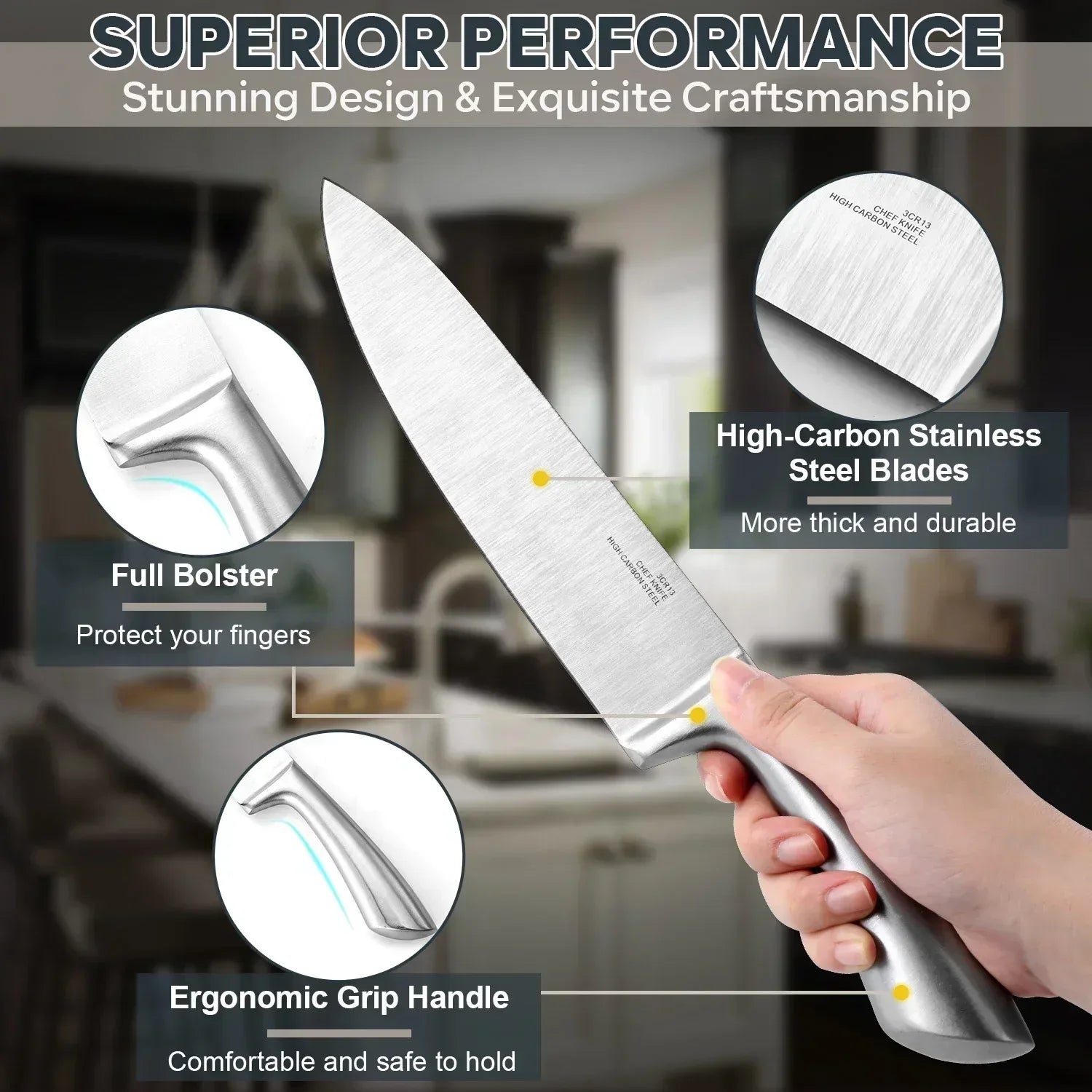 Vesteel Knife Set for Kitchen with Block, 15 Pcs High Carbon Stainless Steel Kitchen Knife Set with Self Sharpening