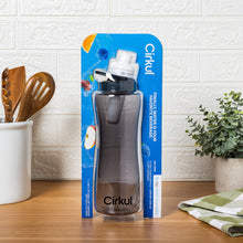 32oz gray plastic bottle in retail packaging with black lid and blue flavor cartridge