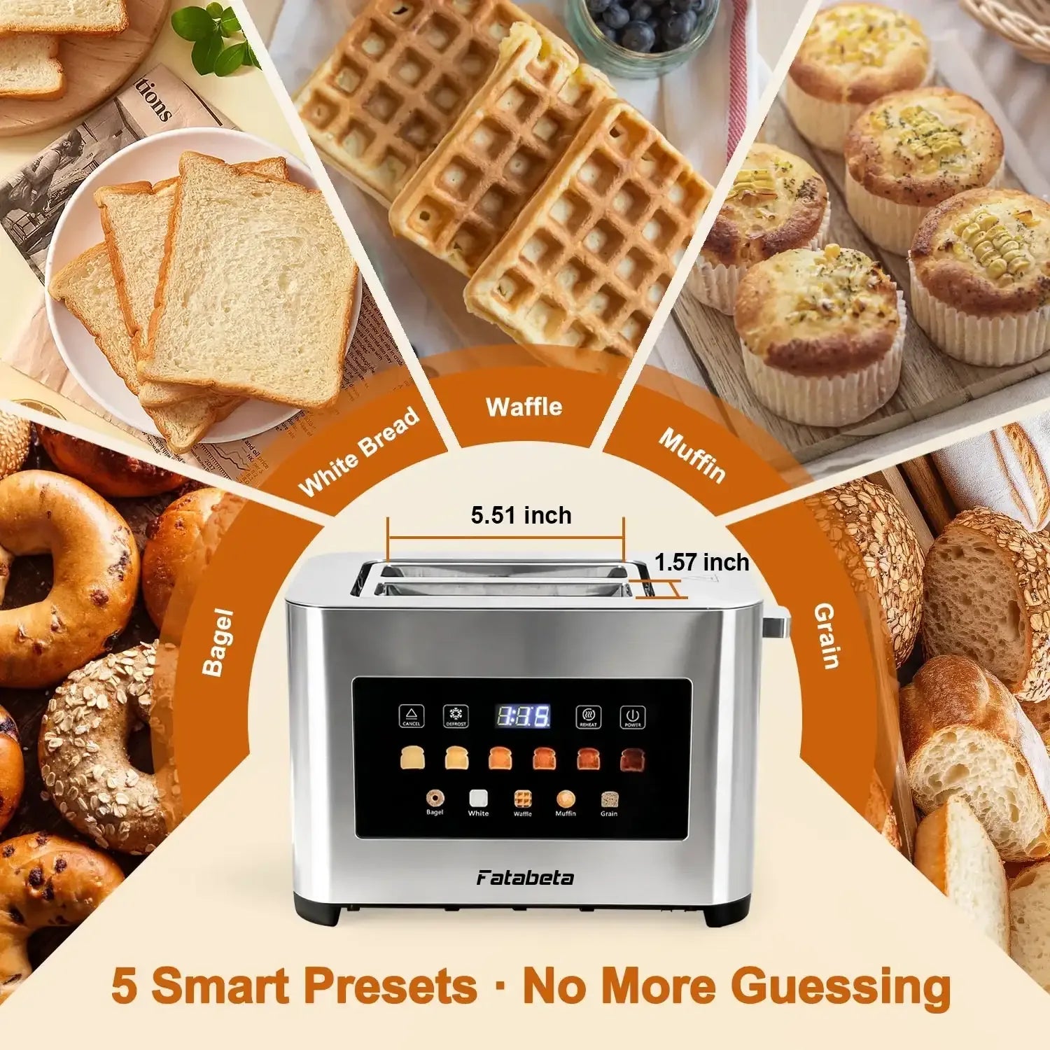 Fatabeta Toaster, 2 Slice Toaster with Dust Cover, Wide Slot for Bagel & Bread, 6-Shade Even Toasting, Defrost & Reheat, Smart LED Touchscreen, Stainless Steel - USA MEGA SHOP