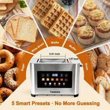 Stainless steel toaster with wide slots and LED preset icons for toast, bagel, waffle, muffin