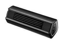 Black mini tower fan angled side view with front grille and side control buttons