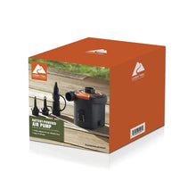 Ozark Trail battery-powered electric air pump retail box showing pump and valve adapters