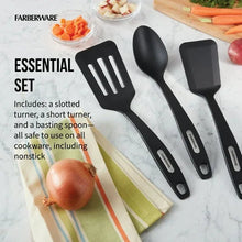 Set of 3 essential nylon cooking tools: slotted turner, short turner, basting spoon