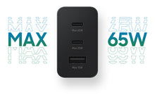 Black 65W trio adapter front with Max 65W, Max 25W, and Max 15W ports
