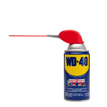 WD-40 lubricant spray can with red flip straw and blue-yellow label
