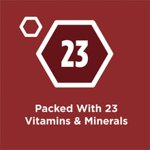 Dog food label with 23 icon and claim: packed with 23 vitamins & minerals