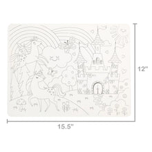 Black-and-white fairytale coloring placemat with 12-inch and 15.5-inch size markings
