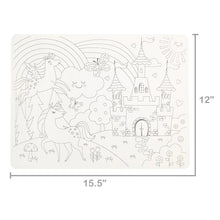 Fairytale black-and-white coloring placemat with size markings 12 in and 15.5 in