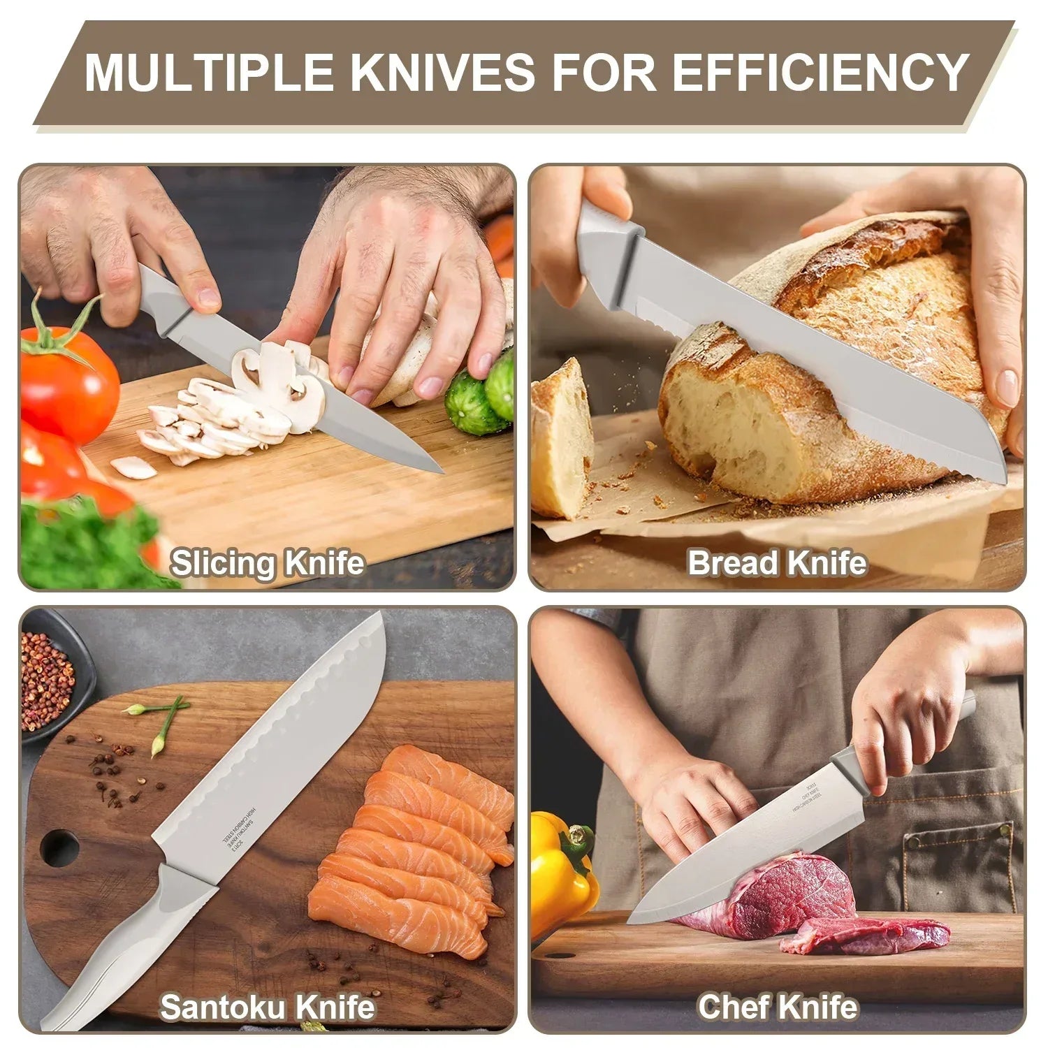 Walchoice 15 Pieces Knife Set with Block, High Carbon Stainless Steel Kitchen Knife Set with Sharpener, Rust Resistant & Dishwasher Safe - USA MEGA SHOP