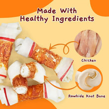Chicken wrap knotted bone dog chews with orange center and white twisted ends