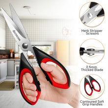 Kitchen scissors set with serrated blades, black-and-red contoured soft handles.