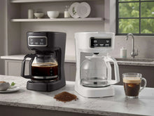 Black and white programmable drip coffee makers with glass carafes