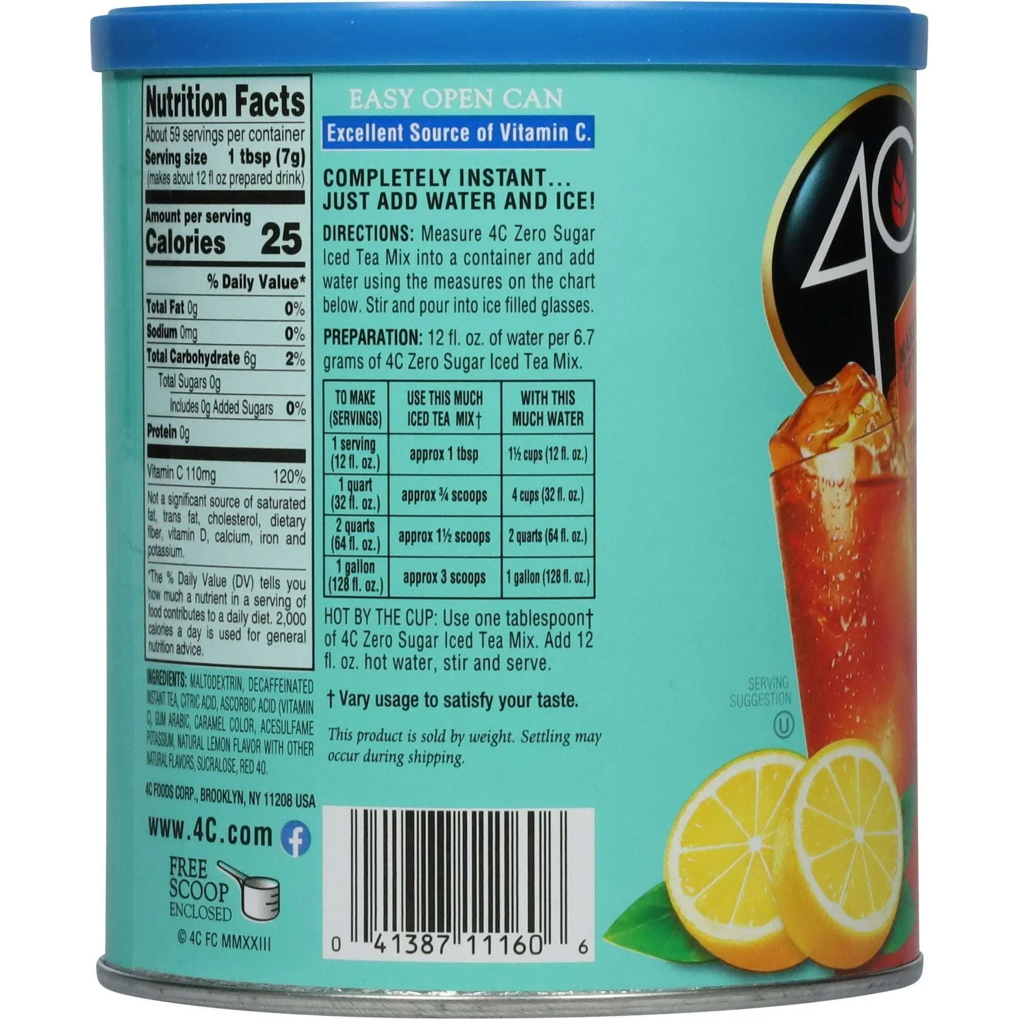 4C Zero Sugar Naturally Decaffeinated Lemon Flavor Iced Tea Mix 13.9 oz. Canister