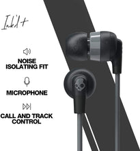 Black wired in-ear headphones with microphone and inline call-control button pod
