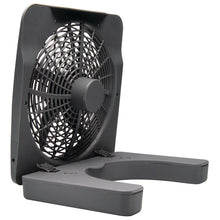 Gray portable fan with front grille and adjustable base stand