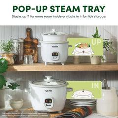 AROMA® 6-Cup Rice Cooker & Food Steamer with Bonded Granite® Nonstick Ceramic & Pop-Up Steam Tray - White - USA MEGA SHOP