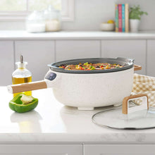 Speckled electric skillet with detachable wood handle and glass lid