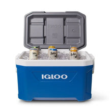 Blue cooler with open lid holding multiple drink cans and ice