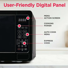 Black countertop microwave oven with digital control panel and menu buttons
